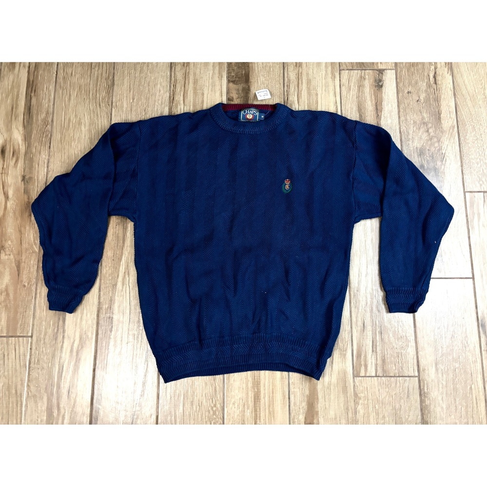 Vtg 90s Chaps Ralph Lauren‎ Sweater NWT Medium Navy Herringbone Cotton Crewneck